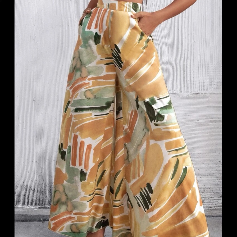 Boho High Waist Rise Water Color Wide Leg Palazzo Pants - Picture 6 of 8
